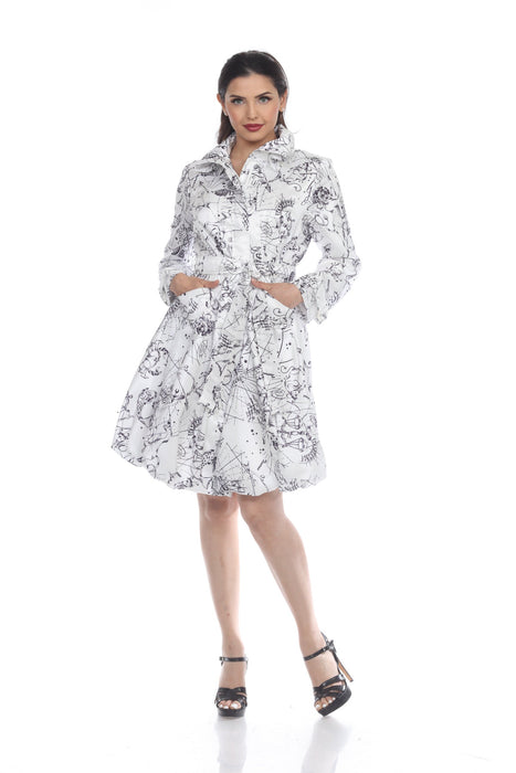 Samuel Dong Style 11665 White Horoscope Print Belted Water Resistant Bubble Trench Coat