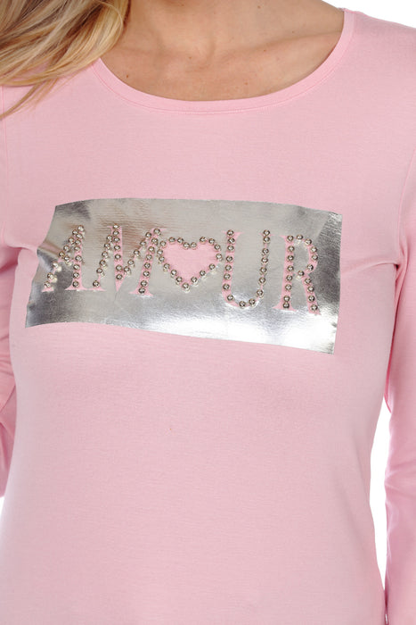 Tricotto Pink Fancy Studded Crew Neck Long Sleeve Top F719