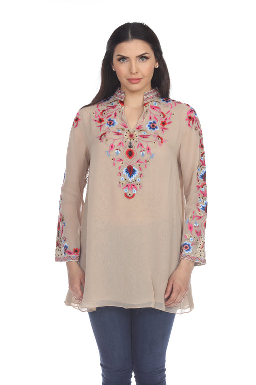 Vintage Collection Style 73085 Beige Embroidered Long Sleeve Chiffon Tunic Top