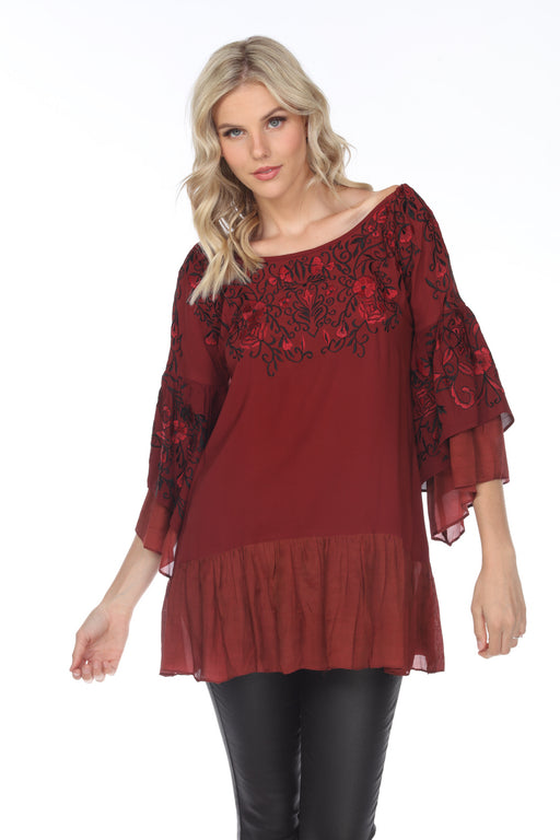 Vintage Collection Style 73375 Burgundy Embroidered Boat Neck 3/4 Sleeve Tunic Blouse