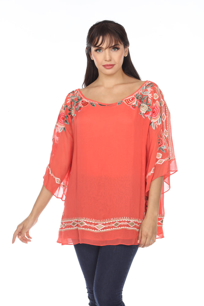 Vintage Collection Style 72937 Coral Embroidered 3/4 Sleeve Layered Tunic Top