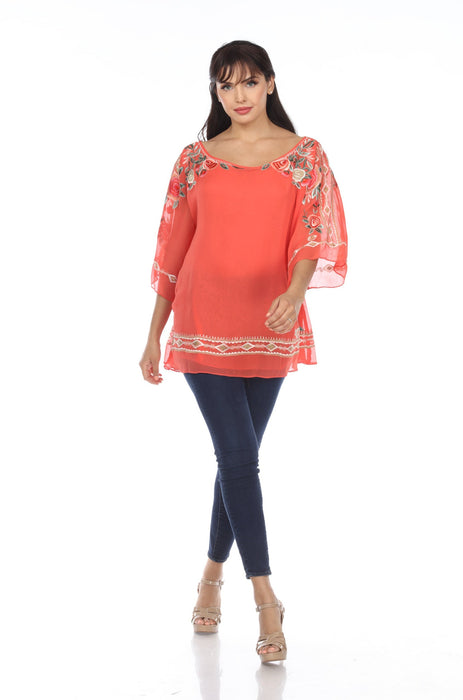 Vintage Collection Coral Embroidered 3/4 Sleeve Layered Tunic Top 72937 NEW