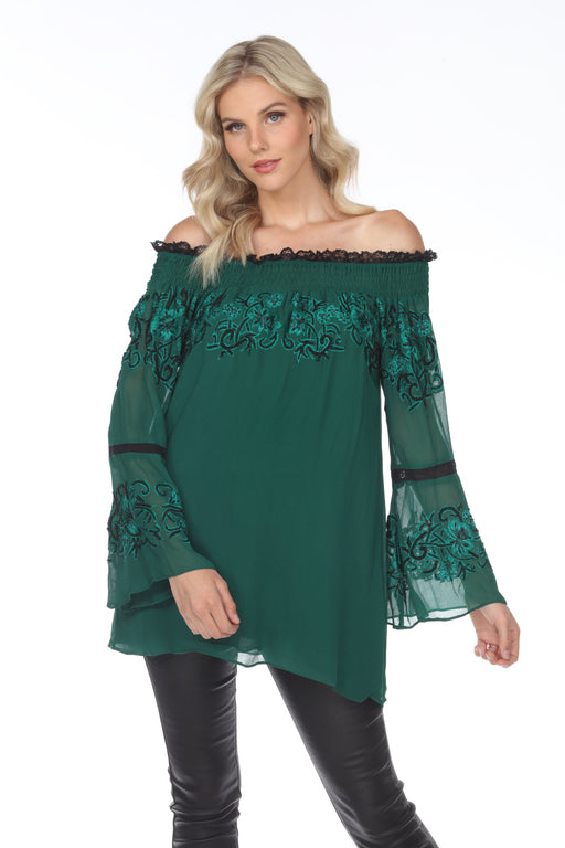 Vintage Collection Style 72407 Forest Green Off-Shoulder Long Sleeve Layered Tunic Blouse