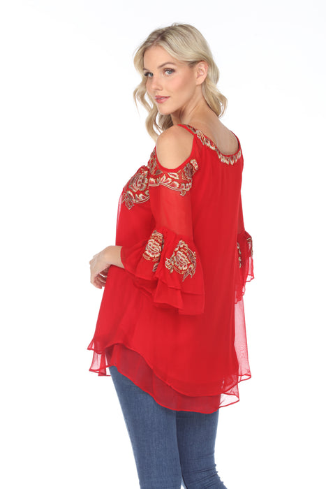 Vintage Collection Red Embroidered Cold-Shoulder Sleeve Layered Tunic Blouse 71502 NEW