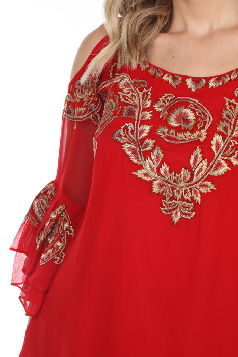 Vintage Collection Red Embroidered Cold-Shoulder Sleeve Layered Tunic Blouse 71502 NEW