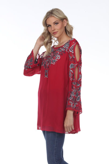 Vintage Collection Rose Embroidered Long Sleeve Cutout Layered Tunic Blouse 73303 NEW